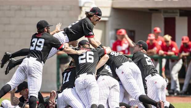 Dogpile after Nebraska wins 2021 Big Ten baseball title